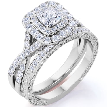 JeenMata 1,25 ct - Moissanite Carrée - Double Halo - Anneau Torsadé - Inspiré Vintage - Pavé - Ensemble d'Alliances en Placage Or Blanc 18K pour Femmes