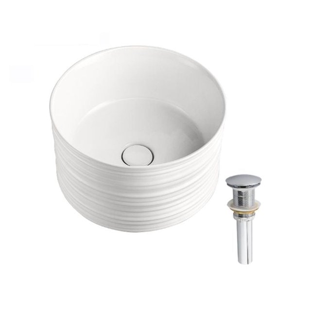 DROP Bath and Kitchen DR091335 Bathroom Vessel Sink Set with a round white ceramic vessel sink featuring a ribbed exterior and glossy interior, including a chrome standard drain for above counter installation, suitable for modern bathroom renovations.
