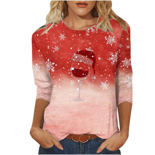 Pisexur Hauts de Noël pour Femmes Blouses Manches 3/4 T-Shirt Imprimé Verres de Vin Rouge Hauts Mode Xmas Col Rond Chandail à Enfiler Hauts Décontractés Amples T-Shirts d'Automne