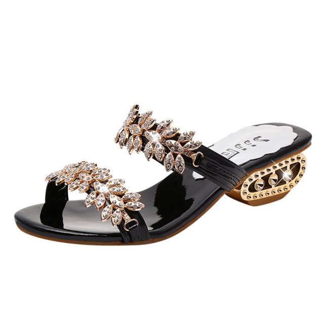 Womans Spring Summer Fashion Rhinestones Sequins Chunky Heel Sandals Slippers Shoes