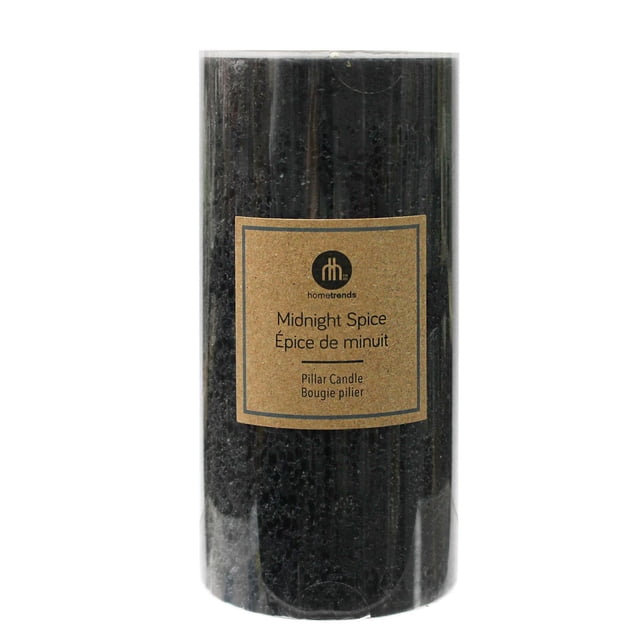 Hometrends 6" Midnight Spice scented black pillar candle with cotton wick and brown label, measuring 3 inches diameter by 6 inches height, suitable for indoor Christmas decorations and adding warm ambiance.