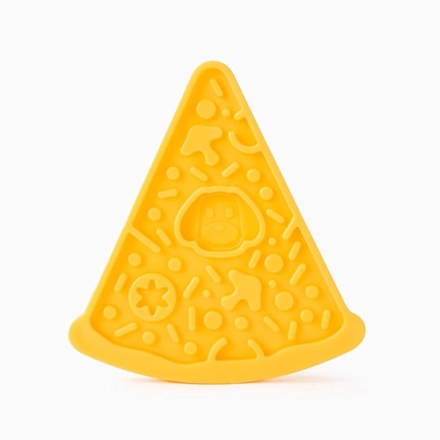 Hugsmart Pizza Slow Feeder Dog Bowl in yellow food-safe TPE shaped like a pizza slice with raised dog face and pizza toppings patterns, designed with suction cups to slow eating and reduce bloating in dogs, also suitable for freezing treats.