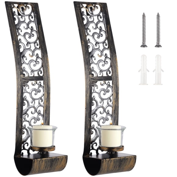 2 Pcs Wall Candle Holders, Antique Wall Sconce Candle Holders with Glass Shades, Retro Bronze Style Metal Wall Art Decors, Wall-Mounted Candle Holders for Living Room, Dining Room, Office