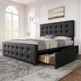 thumbnail image 1 of Queen Size Bed Frame with 4 Drawers and Adjustable Headboard, PU Leather Upholstered Platform Bed with Button Tufted Design, No Box Spring Needed, Strong Wooden Slats, Black, 1 of 9
