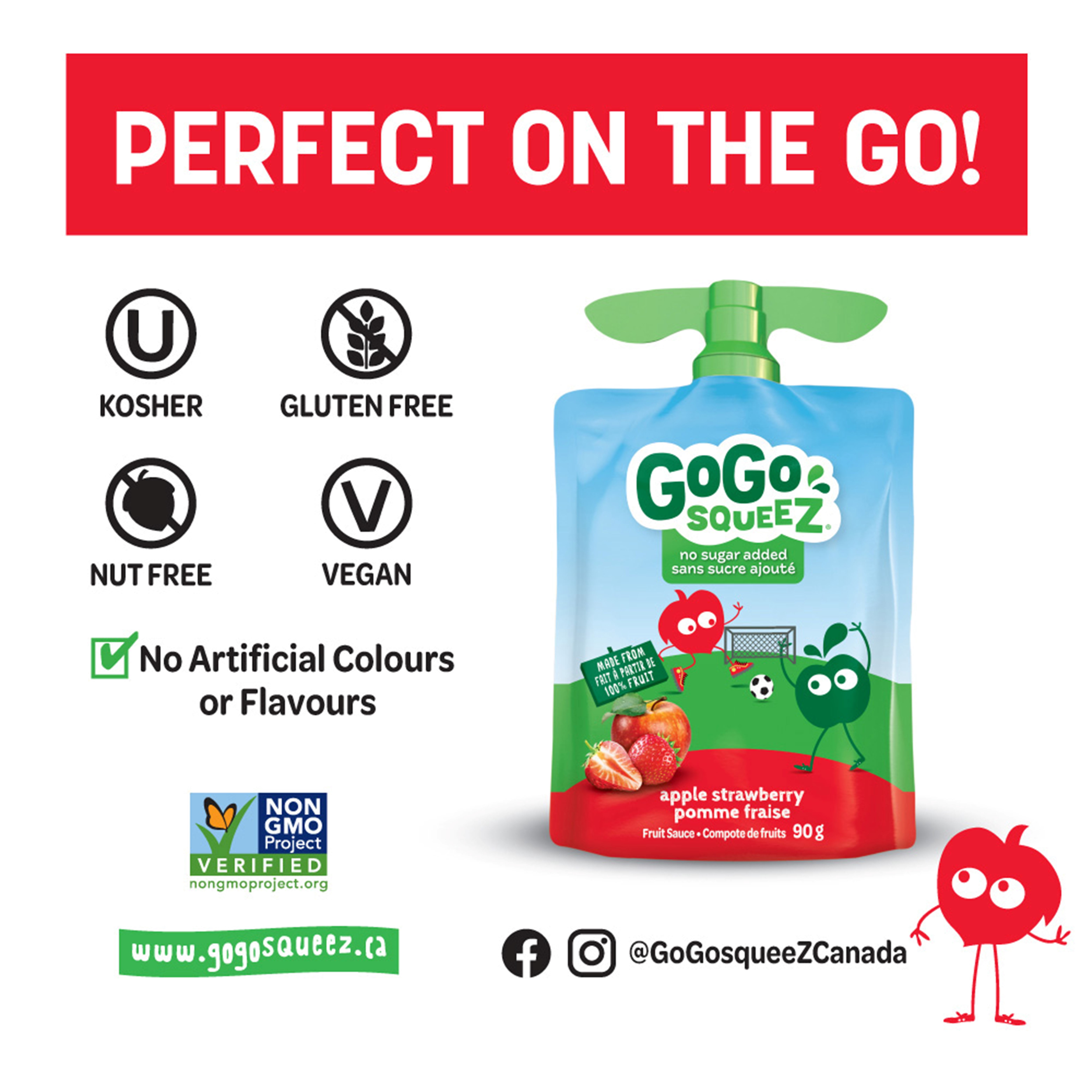GoGo squeeZ Compote de Fruits, Pomme Fraise, Sans Sucre Ajouté. 90g par Sachet, 4 Sachets