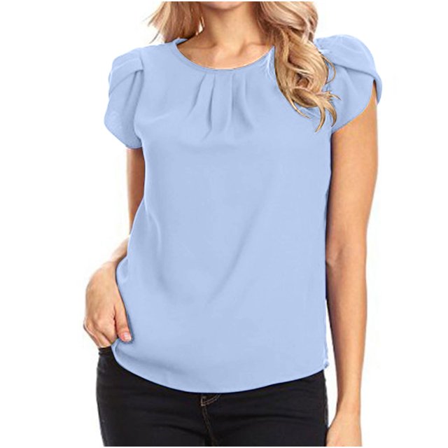 Chemise Décontractée pour Femme en Mousseline Unie à Manches Courtes et Col Rond, Blouse à Manches Courtes (Bleu Pâle, 2TG)