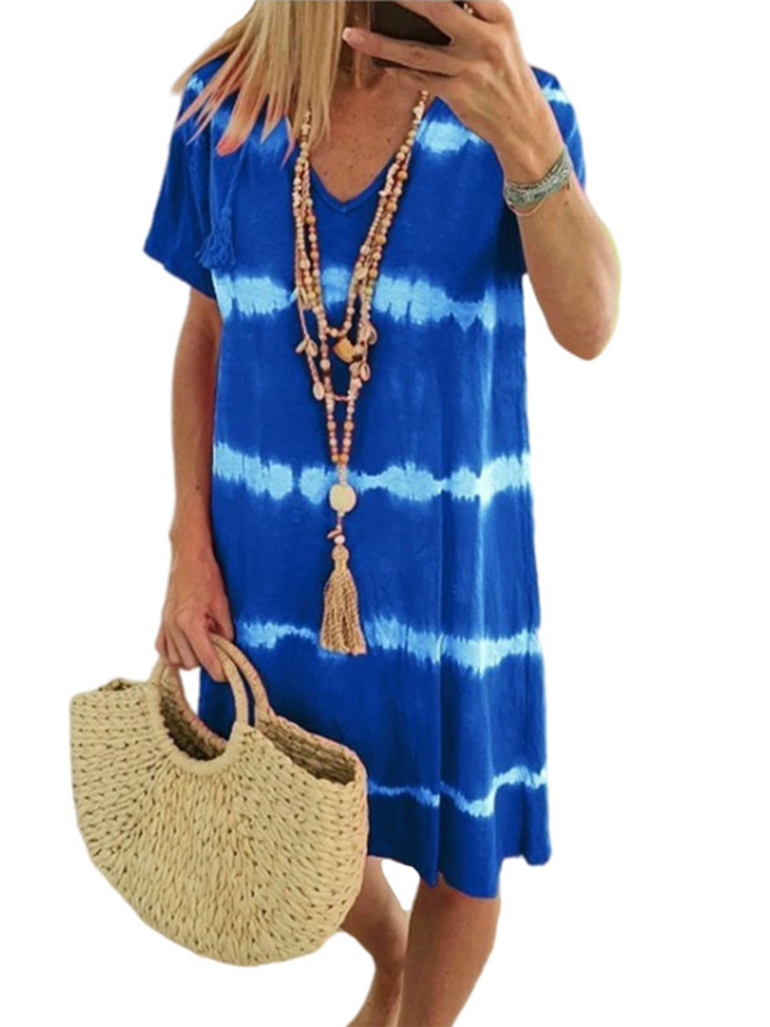 LUXUR Robe d'Été Femme Manches Courtes Tunique Col en V Robe Midi Bohème Teinture sur Nœuds Bleu TG