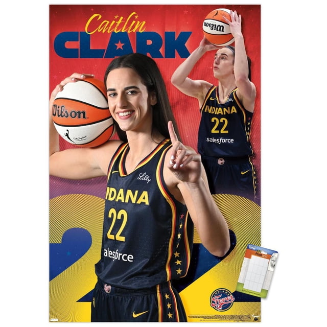 WNBA Indiana Fever - Caitlin Clark 24 Affiche Murale, 14,725 Po x 22,375 Po Encadrée, Représentant Caitlin Clark en Uniforme de basketball Bleu Marine Indiana Fever Numéro 22 avec Garniture Jaune et Rouge, Tenant un Ballon de basketball Wilson et Faisant un Geste de Pointage, sur Fond Graphique Rouge et Jaune avec Grand Numéro 22 et logo d'Équipe, Idéal pour la Déco de Chambre de fan de sports.