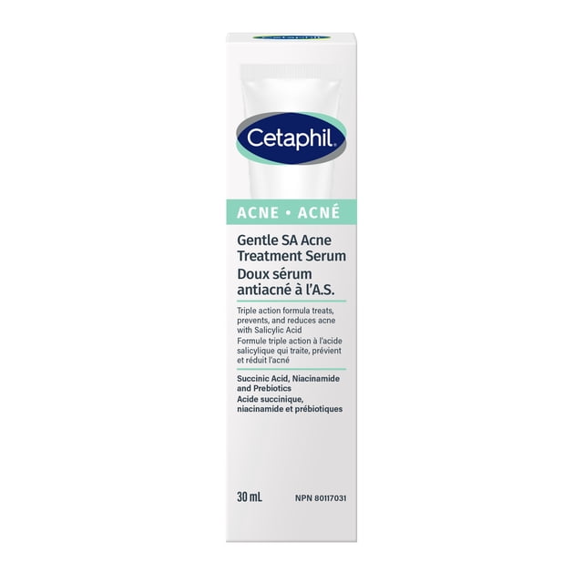 Cetaphil Gentle Salicylic Acid Acne Serum in a white rectangular box with the blue and green Cetaphil logo, formulated for sensitive, acne-prone skin with salicylic acid, niacinamide, succinic acid, and prebiotics, 30 mL, bilingual English and French text.