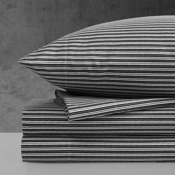 Kenneth Cole - King Sheet Set, Wrinkle-Resistant Bedding, Deep Pockets - Bed Sheets with Matching Bonus Pillowcases & Fitted Sheet (Twill Stripe Texture Black)