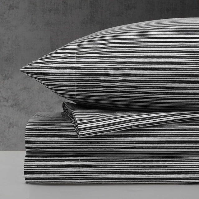 Kenneth Cole - King Sheet Set, Wrinkle-Resistant Bedding, Deep Pockets - Bed Sheets with Matching Bonus Pillowcases & Fitted Sheet (Twill Stripe Texture Black)