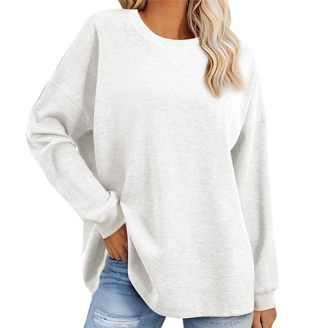 Cameland Chandail à Manches Longues pour Femmes Automne Col Rond Chandails en Molleton pour Femmes Couleur Unie Tunique en Tricot Gaufré