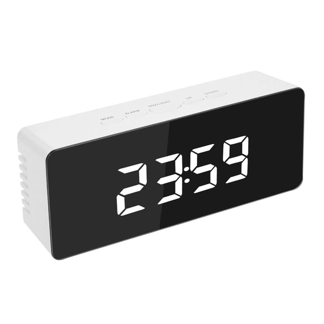 Zootealy Réveil Numérique au design Rectangulaire Épuré avec Affichage Miroir LED Noir et Boîtier Blanc. l'Horloge Affiche une Heure Numérique de 23:59 en Chiffres Blancs Gras. Elle Comprend une Fonctionnalité d'Affichage de la Température et Est Fournie avec un Câble de Chargement USB et un Manuel d'Utilisation. Format Compact de 140x35x55 mm, Idéal pour Bureaux Ou tables de Chevet.