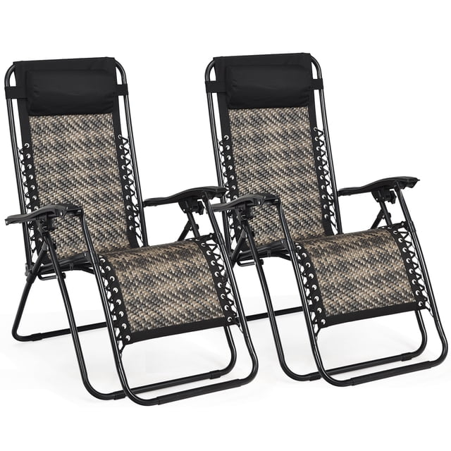 Patiojoy Grey Folding Recliner 2PCS Patio Rattan Zero Gravity Lounge Chair With Headrest
