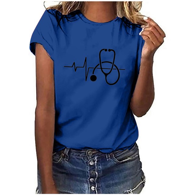 T-shirt Blouse Décontractée pour Femmes à Manches Courtes Imprimée pour la Journée des Infirmières