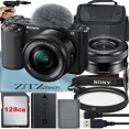 thumbnail image 1 of Sony Alpha ZV-E10 Mirrorless Vlog Camera With 16-50mm Lens + 128GB Memory Card + Tripod + Case + ZeeTech Accessory Bundle (Black), 1 of 2