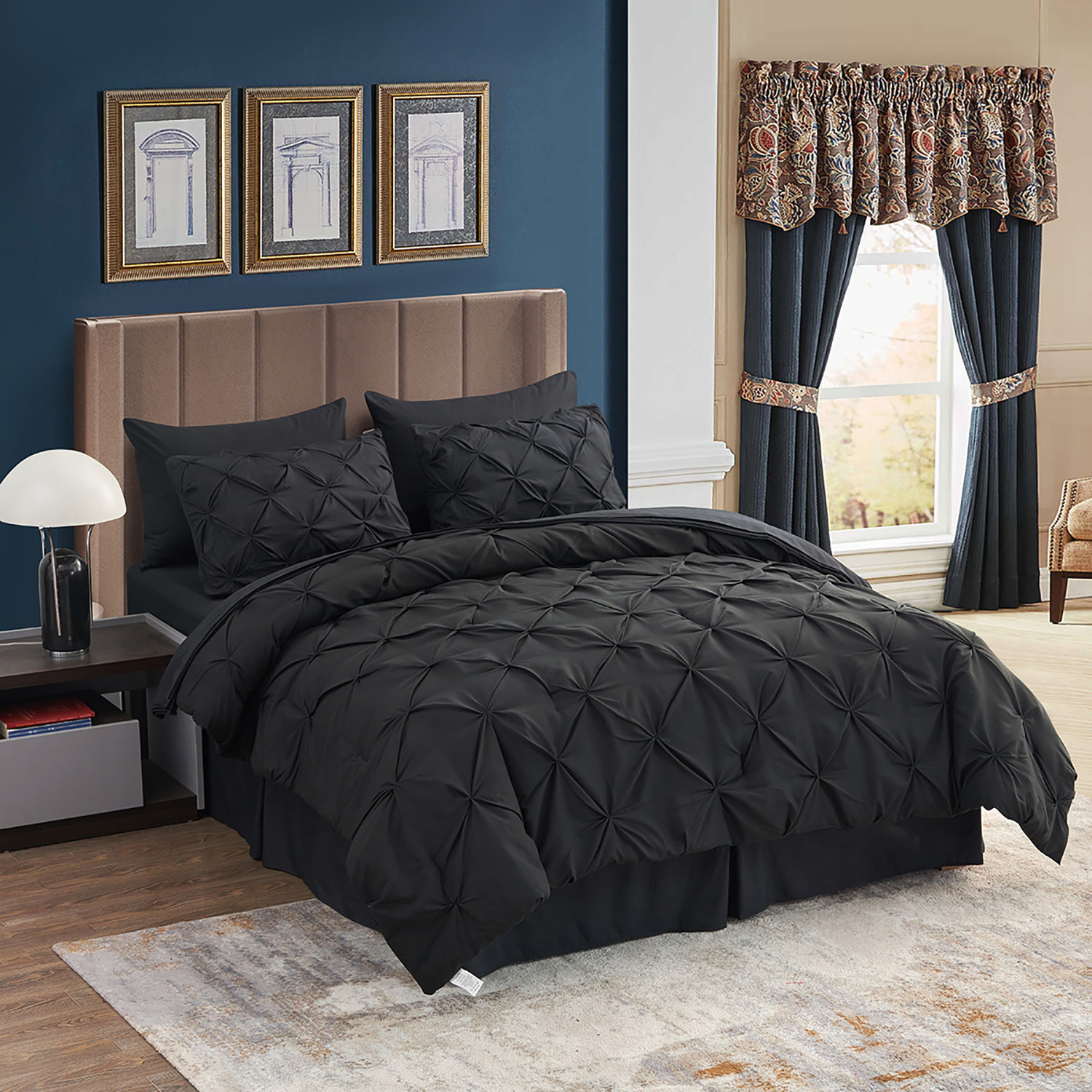 HAOK Pinch Pleat Comforter Set 8 Piece, Cal King Size, Black