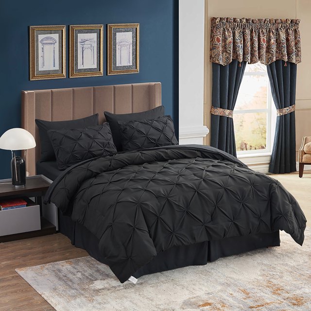 HAOK Pinch Pleat Comforter Set 8 Piece, Cal King Size, Black