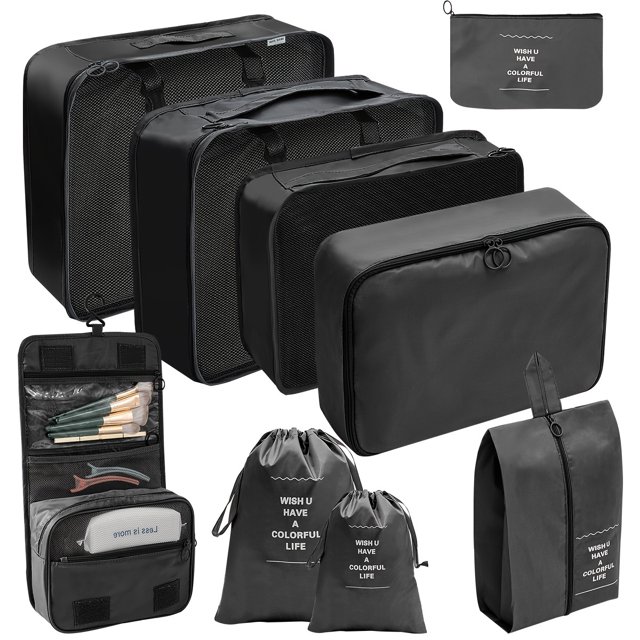 YOPTOP 9-Piece Set of Large Capacity Travel Pack Cubes Lightweight Travel Luggage Organizers - Portable Clothes Storage Bags - Easygoing Casual Travel Bags - Made of Polyester,Black 9 Pieces