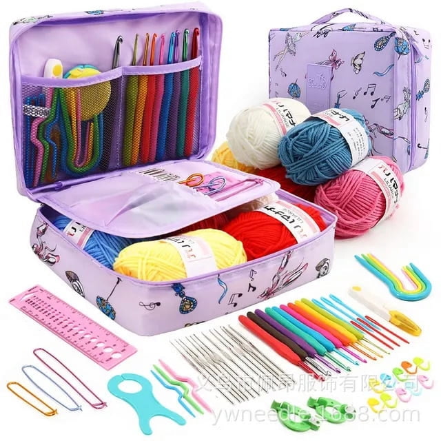 59-piece crochet kit featuring 5 colorful skeins of yarn, ergonomic crochet hooks with soft grips, needles, stitch markers, pom pom makers, scissors, and other knitting accessories. The kit is stored in a purple cactus-themed storage bag with compartments for organization and portability. Perfect for beginners and gifting to craft lovers.