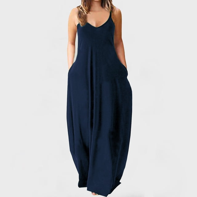 Lenago Robe Maxi Grande Taille pour Femmes Mode à Bretelles Taille Mi-Haute Col en V Sans Manches Couleur Unie Ajustée Fête Plage Longue Robe Été Robes de Plage en Liquidation
