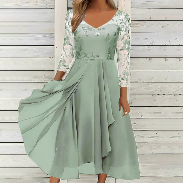 EGNMCR Robes de Soirée pour Femmes, Robes Formelles pour Femmes, Robes de Cocktail pour Femmes Femmes Unies à Manches Longues Col Rond Dentelle Mousseline Maille Taille Robes de Fête Jupe en Mousseline pour Femmes