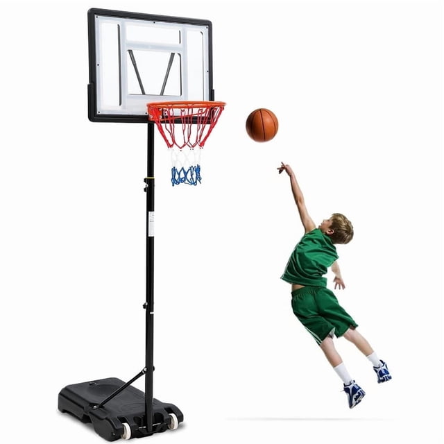 Basketball Stand, 5.2-7ft Adjustable Outdoor Basketball Hoop for Kids & Youth, featuring a 33-inch shatterproof backboard, a high-intensity base with wheels for stability and mobility, and a durable iron frame. The hoop is shown in use with a child in green sportswear jumping to shoot a basketball. Suitable for indoor and outdoor use in backyards, driveways, or playgrounds.