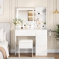 thumbnail image 1 of AKDSteel Vanity Desk with Mirror and LED Light, Vanity Desk with 4 Drawers, Power Outlet, Storage Stool, Storage Shelves & Hair Dryer Holder, Adjustable 3 Lighting Mode, Makeup Vanity Set for Bedroom, 1 of 9