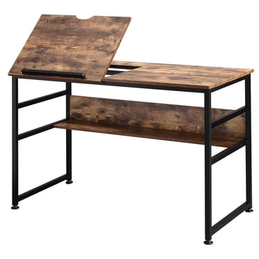 HOMCOM Tiltable Drafting Table Computer Desk w/ Shelf, Rustic Brown