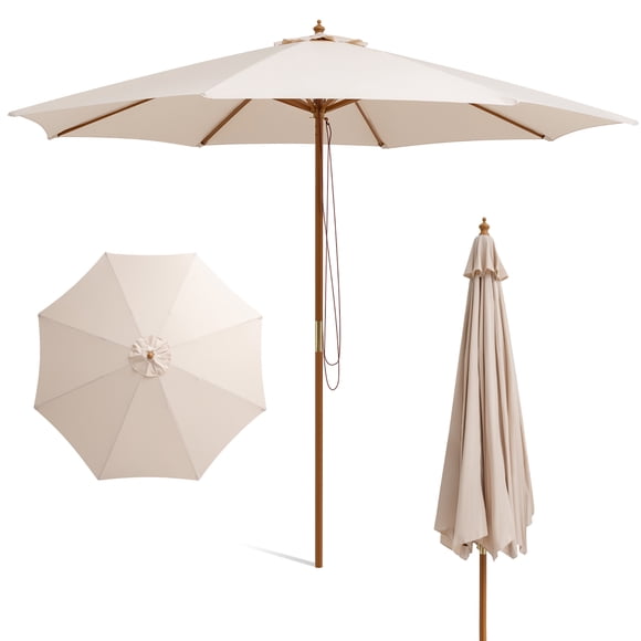 Parasol de Marché en Bois pour Patio de 10 Pi avec Poulie, 8 Nervures en Bambou, Auvent Pare-Soleil