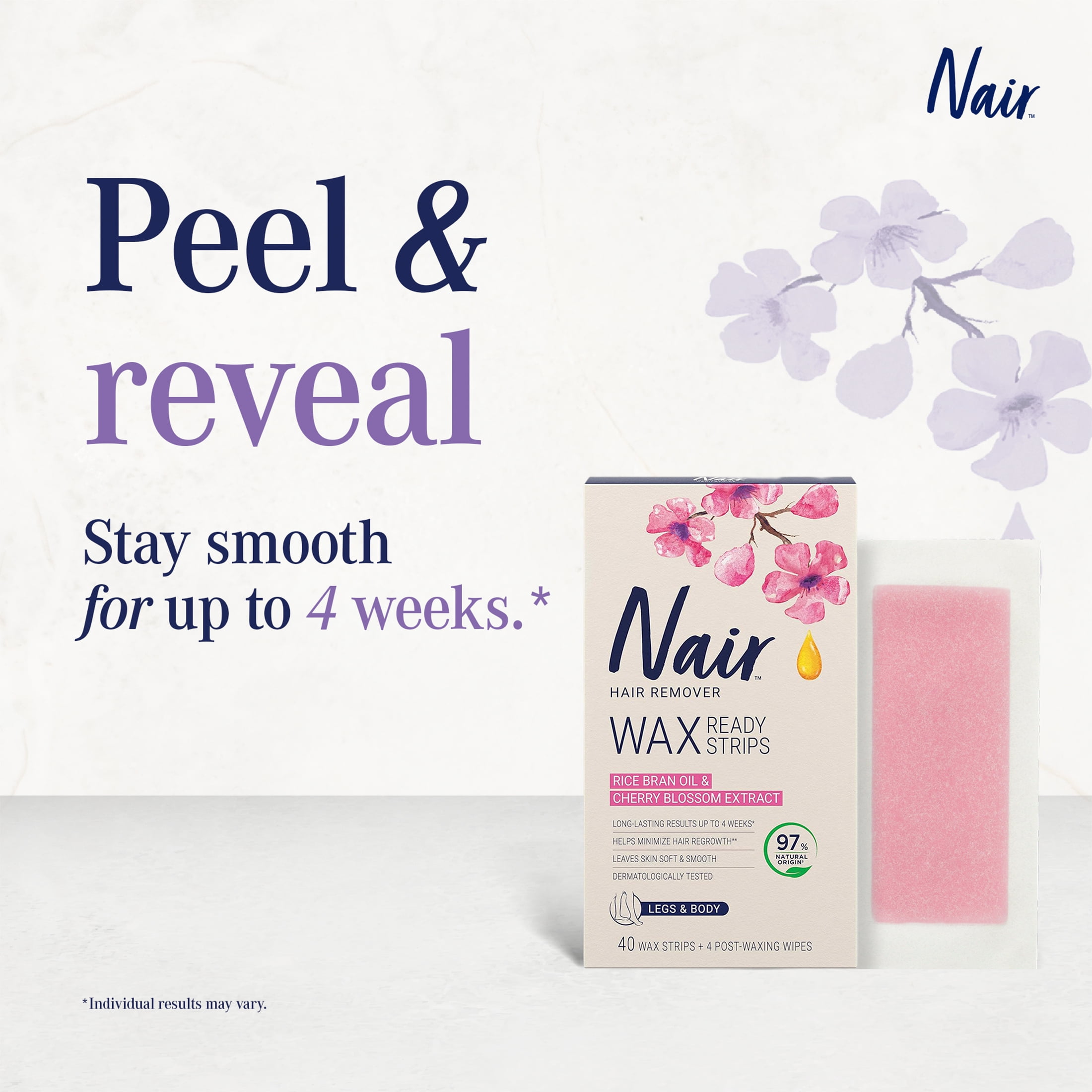 Nair Bandes de cire prêtes pour les jambes et le corps avec huile de son de riz, 40 bandes + 4 lingettes de finition
