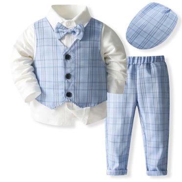GPOECD Boys Gentleman Suit Three Piece Outfit with Formal Dress Shirt Vest and Pants for Children Ages 2 to 9 Years Toddler Boy Outfits 03_Blue,100
