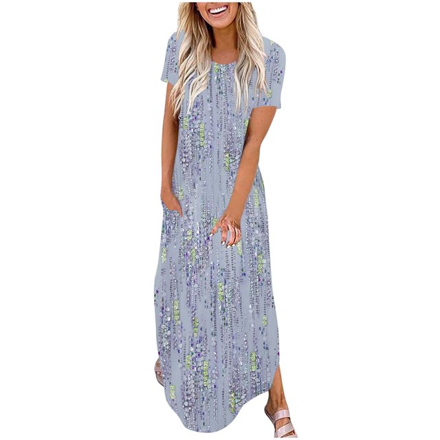 Ovzne Robes Grande Taille pour Femmes aux Formes Robe pour Femme Mode Robe Décontractée Imprimée à Manches Courtes à Col Rond avec Poches Robe Maxi Grande Taille à Manches Courtes Imprimée Liquidation