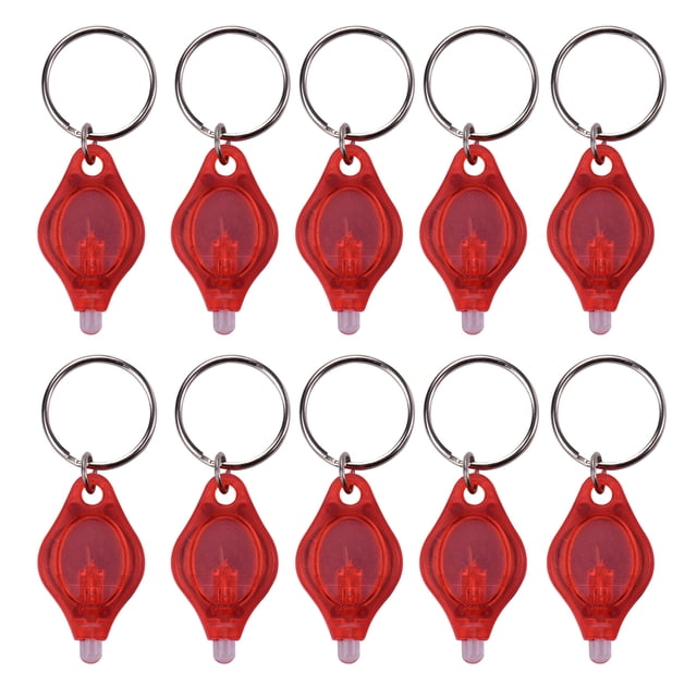 Yeacher 10 Pcs Mini Portable LED Light Flashlight Keychain featuring ultra-bright red LED lights with a compact plastic shell. Each keychain light weighs 7g and measures 4.1 x 2.4 x 0.8 cm, powered by two CR2016 lithium batteries. The set includes 10 keychain lights, ideal for emergency use, camping, or as keyring accessories.