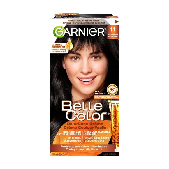 Garnier Belle Color Permanent Hair Dye, 11 Very Intense Black, 100% Grey Coverage, Enriched with Argan Oil and Wheat Germ Oils - 1 Application
