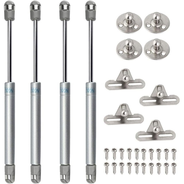 4 Pcs Gas Strut 100N hydraulic gas springs made of durable zinc alloy with anti-corrosion and shock absorption features. Includes mounting hardware such as screws, brackets, and plates. Ideal for kitchen cabinets, furniture doors, storage boxes, and specialty automotive applications.
