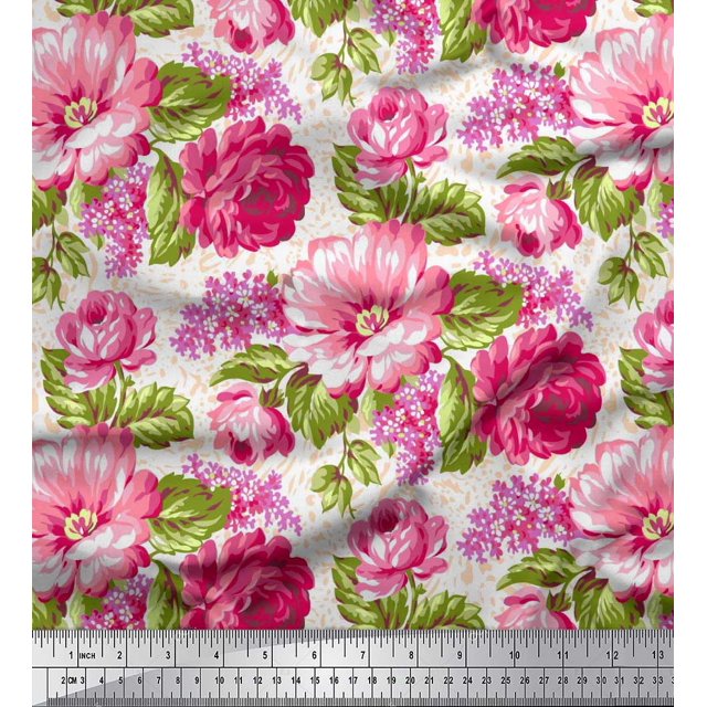 Soimoi Poly Georgette Fabric Leaves & Peony Floral Print Fabric by Yard 52 Inch Wide