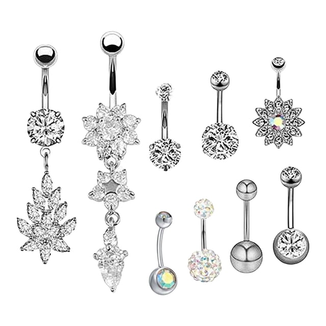 9 Pieces Fashion Belly Button Rings Belly Rings Navel Jewelry Jewelry Curved with Crystal Belly Bars 9pcs