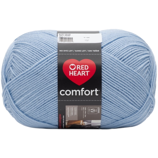 Red Heart® Comfort® Yarn in baby blue solid acrylic, medium #4 weight, 16oz/454g ball with 867 yards, tightly wound skein with black label featuring red heart logo and care instructions, ideal for knitting, crochet, and making cozy throws or blankets.