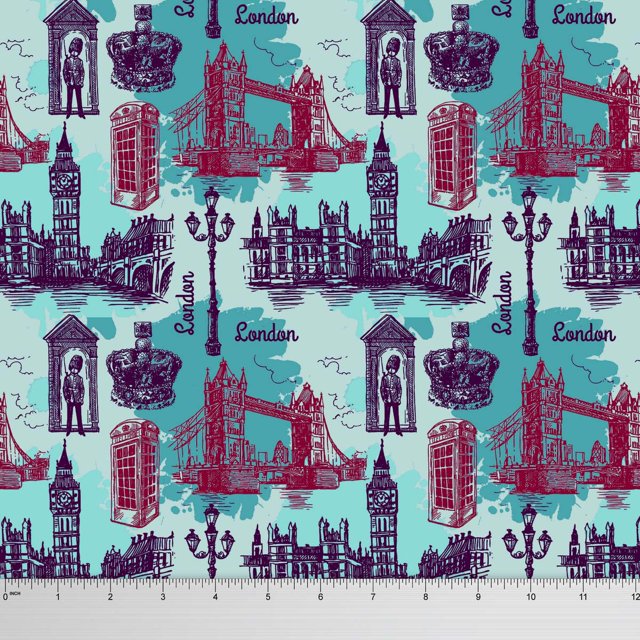 Soimoi Decorative London Theme Architectural Print Pure Silk Fabric By The Yard 44 Inches Wide - Blue