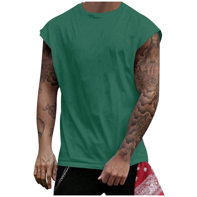 BADHUB Mens Workout Hooded Tank Tops Drawstring Muscle Stretch Sleeveless Solid Color Shirts Loose Gym Vest Clearance Green L