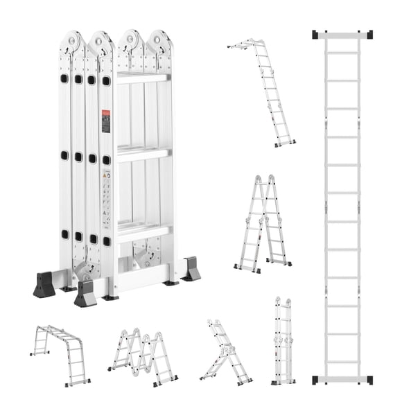 KFFKFF Multi-Purpose Folding Ladder, 7-in-1 Tall Step Ladder, A Frame 3 Step Adjustable Telescoping Ladder, 12ft Reach Height Heavy Duty Extension Ladder, 330 lbs Capacity
