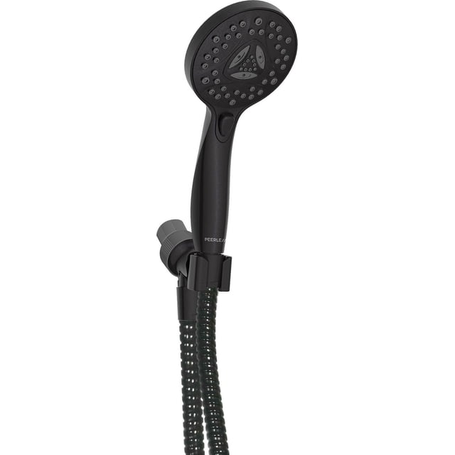 Peerless 6-Setting Hand Shower in black with a round spray head showing multiple nozzle clusters, a pause button on the handle, and a flexible hose, designed for easy installation and water conservation in bathroom shower setups.