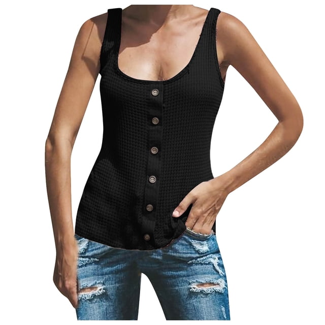 Timegard Plus Size Tank Tops for Women Round Neck Button Sleeveless Tops Casual Solid Color Knit Tee