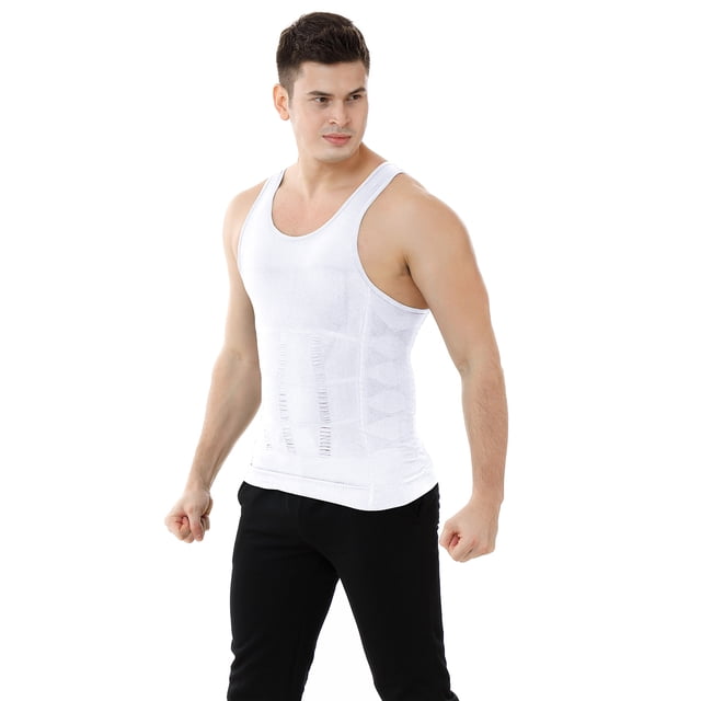 TOPTIE Men's Slimming Body Shaper Compression Shirt, Shapewear Sculpting Vest Muscle Tank-White-L