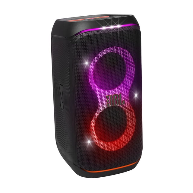 JBL PARTYBOX Boîte de Nuit 120 Haut-Parleur Bluetooth portable avec Boîtier Rectangulaire Noir, grille en Maille avant Affichant des Huit Lumières Vibrantes Violettes et Rouges, JBL logo Centré, et Panneau de Commande Supérieur avec Boutons Colorés, Convient à l'Audio de Fête Sans Fil et aux Effets d'Éclairage Dynamiques.