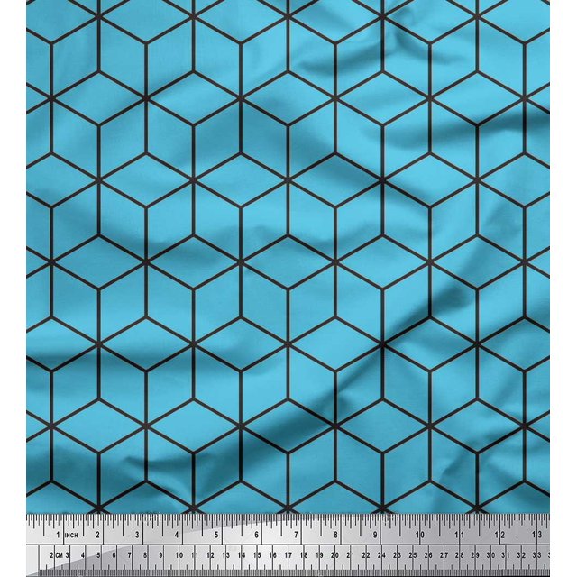 Soimoi Blue Modal Satin Fabric Maze Cube Geometric Printed Fabric 1 Yard 42 Inch Wide