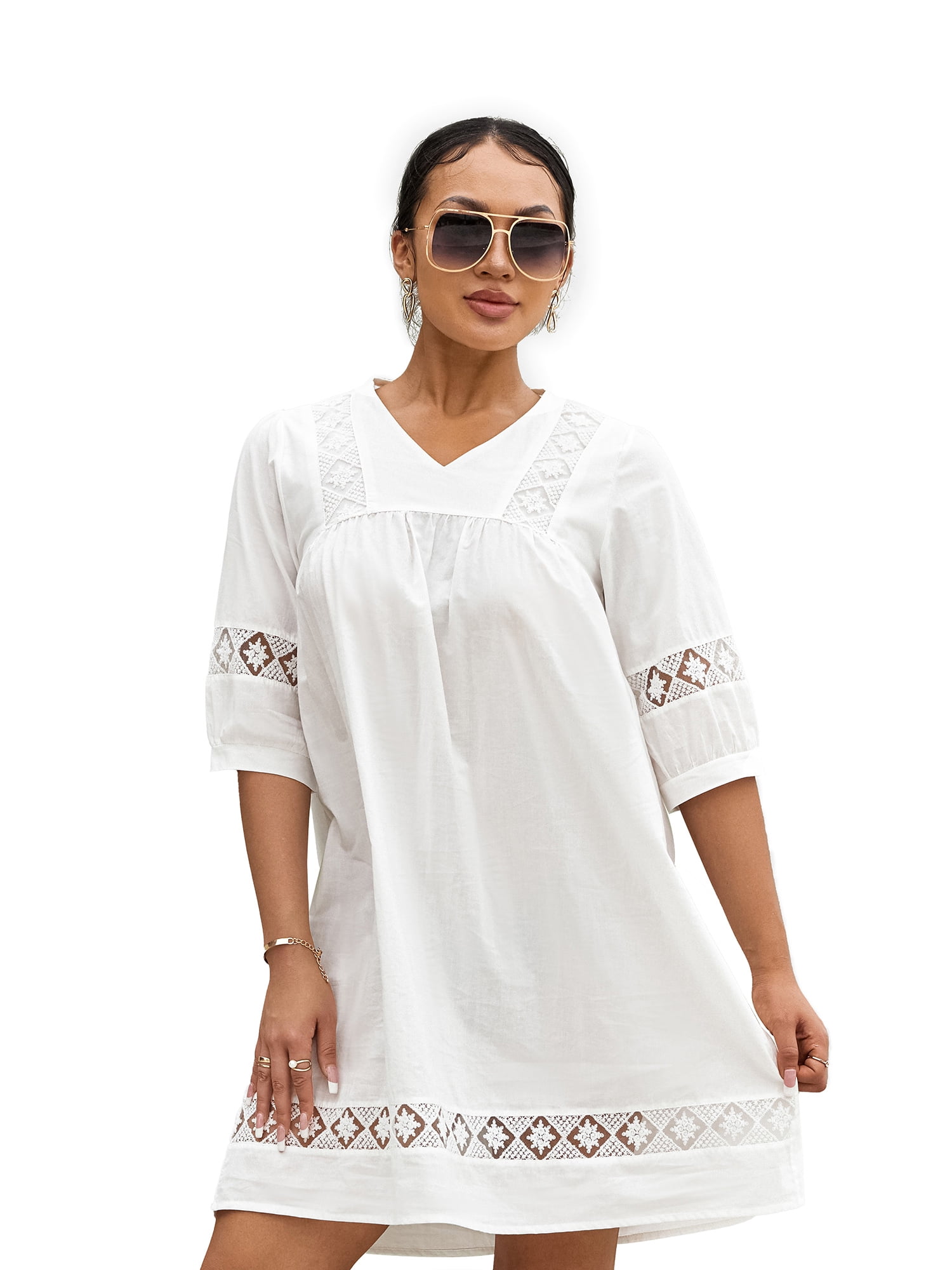 Opperiaya Robe Courte d'Été pour Femme, Robe Tunique Fluide Bohème à Manches Mi-Longues, Col en V, Couleur Unie, Tailles P-TTG