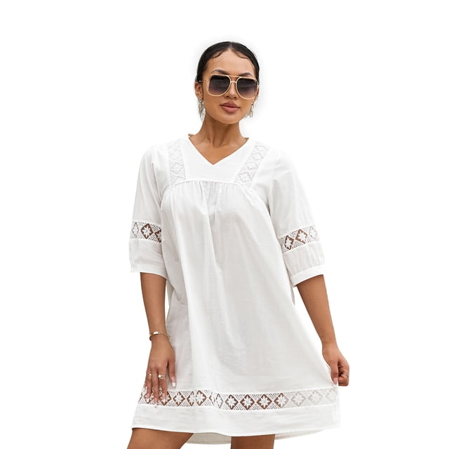 Opperiaya Robe Courte d'Été pour Femme, Robe Tunique Fluide Bohème à Manches Mi-Longues, Col en V, Couleur Unie, Tailles P-TTG