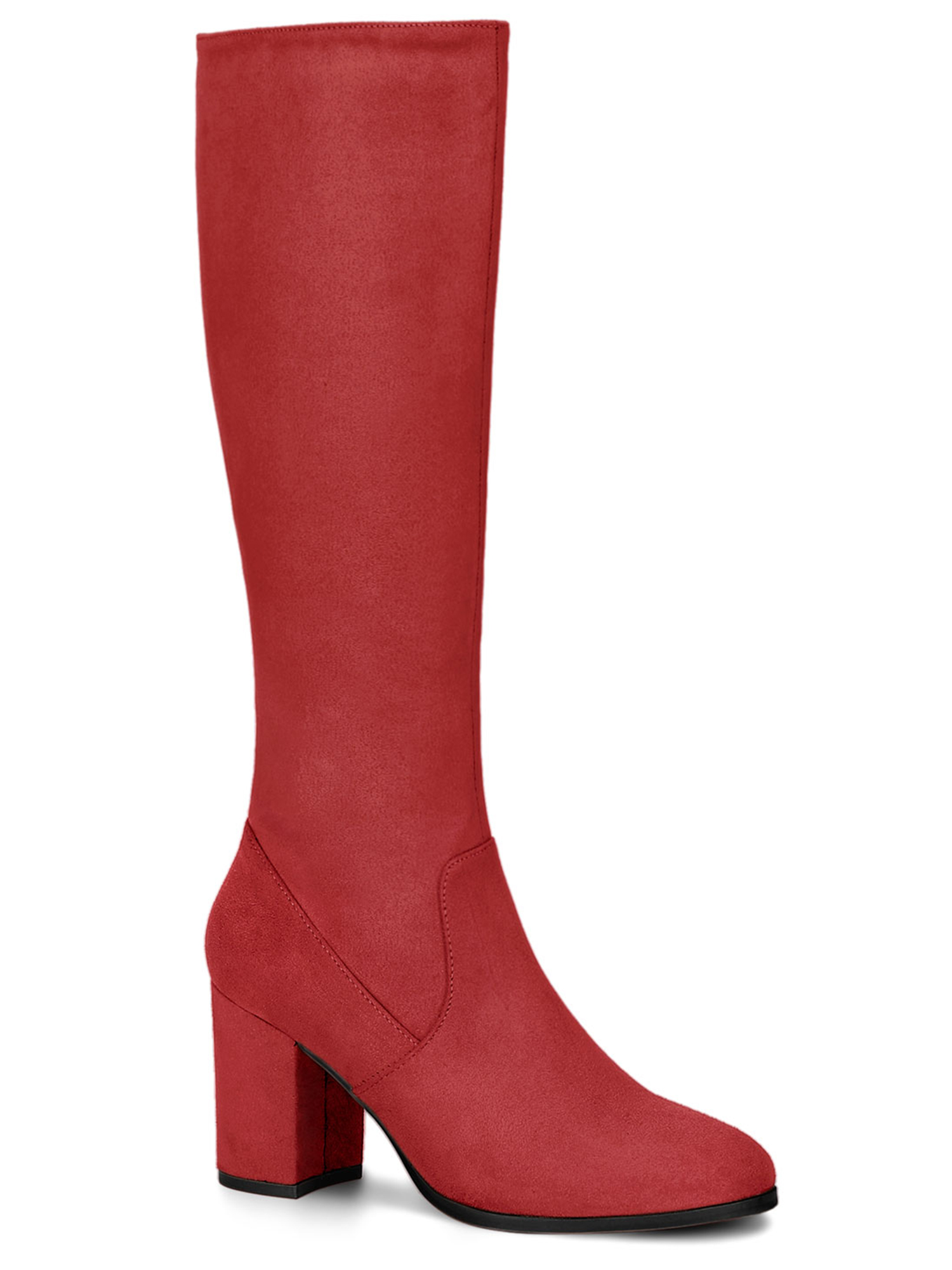 Unique Bargains Women's Round Toe Block Heel Knee High Boots Red 6